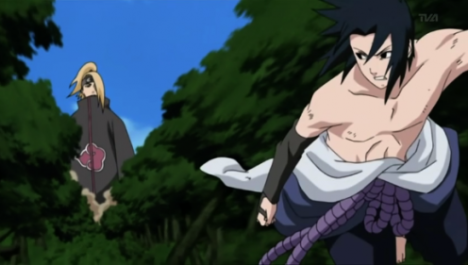 Anyways, the episode starts with Deidara's C4 Karura chasing down Sasuke…